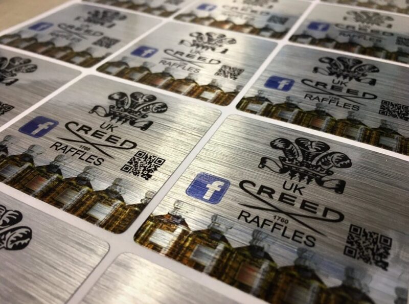 Full colour print on our brushed aluminium vinyl 👍🏻#brushedaluminiumlabels #squarelabels #metallicvinyl #lables #stickers #printedlabels #design #customlabels #designonline #printing