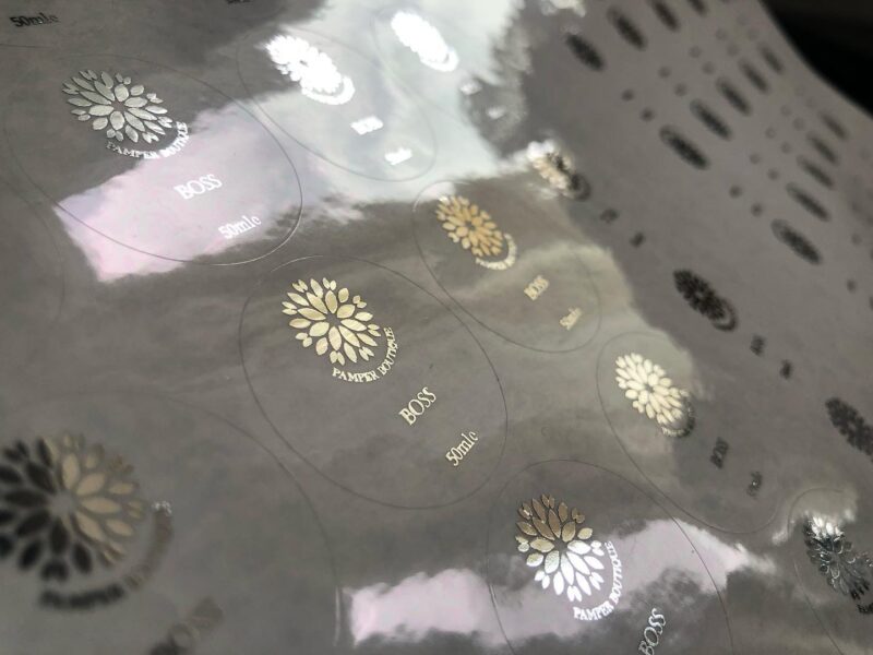 Foil labels! Order them on clear glossy polypropylene or recycled paper, with multiple foil colour options. Perfect labels